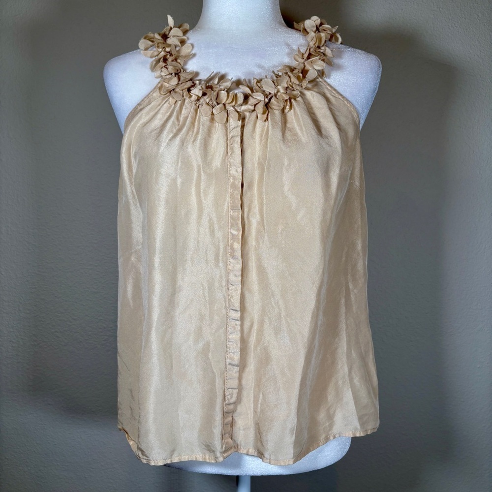 J. Crew Cream Silk Sleeveless Button Down Top with Floral Collar Size 8